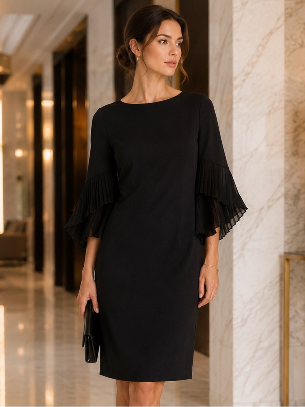 DKNY Black Mini Sheath Dress 3/4 Pleated Bell Sleeve Cocktail Size 10